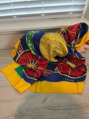 Celine Silk Scarf in Yellow, Navy & Red 100% silk
